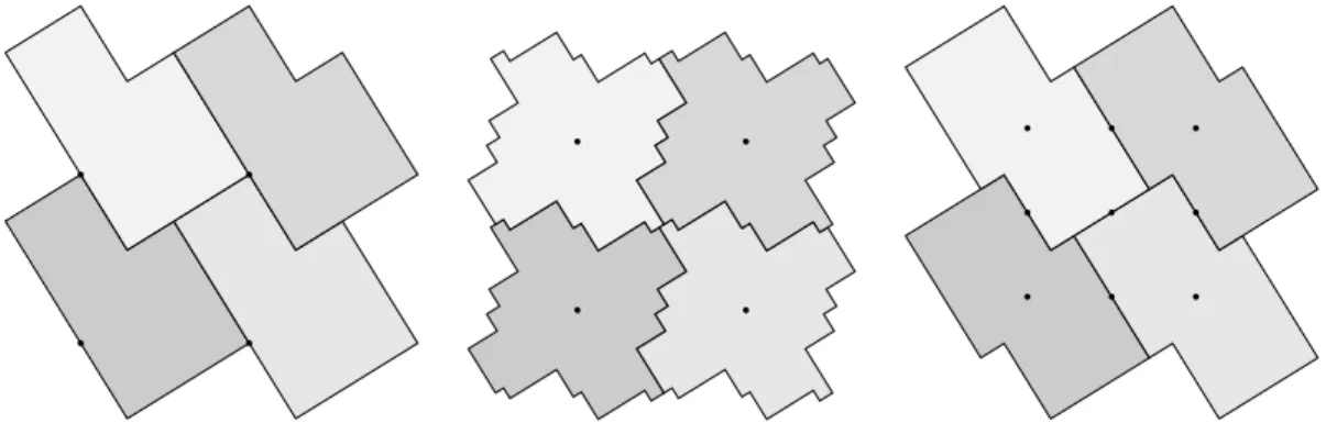 Figure 8. Translations of the natural extension domains of Examples 3.14 and 3.15 by integer vectors, and of Example 3.17 by vectors in 2Z 2 .