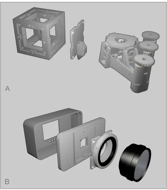Figure 6: Examples of µCube adaptations. A) Extension of an OpenFlexure microscope with an adapter µFace, which  serves as a support leg