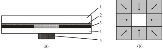 Figure 1. Design configuration of the hybrid holographic concentrator. (a) Hybrid concentrator; (b) Layout diagram of the holographic film between the substrates, the arrows indicate the priority direction of light reflection from the film