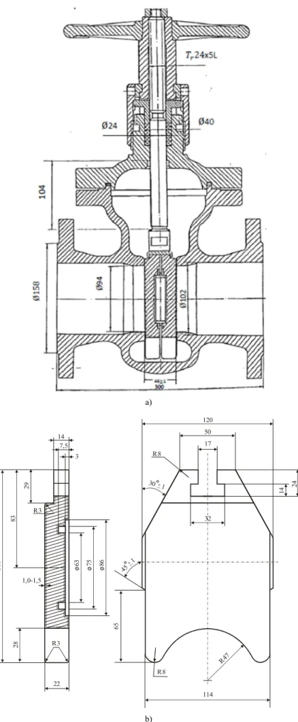 Figure 7. Assembly drawing of the AZL valve, DN 100 (a) and cast iron disk with composite coating of the AZL valve (b)