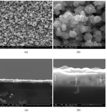FIG. 2. Cross section microstructuresof thin ﬁlm: (a) secondary electronimage at 15 000x and (b) secondaryelectron image at 100 000x showingthe average thickness of the ﬁlm of350 nm.