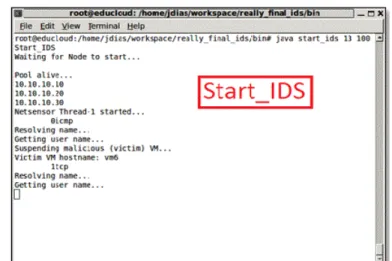 Figure 16. Start_IDS identifying the victim VM (VM6) and displaying the status of the component Reaction running  countermeasures 
