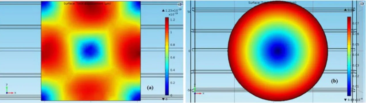 Figure 5. Displacement profile in (a) square membrane (b) Circular membrane. 