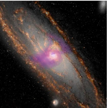 Figure 1.9: Composite image of M31 based on multi-wavelength data. The DSS optical image (grey)represents the distribution of the stellar light, while the 24 micron data of Spitzer Space Telescope (red)