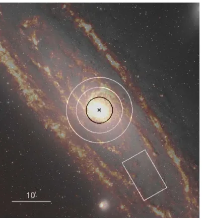 Figure 4.2: Composite image of M31 based on optical and far-infrared data. The DSSdistribution of cold gas and dust in spiral arms and in the 10-kpc star-forming ring