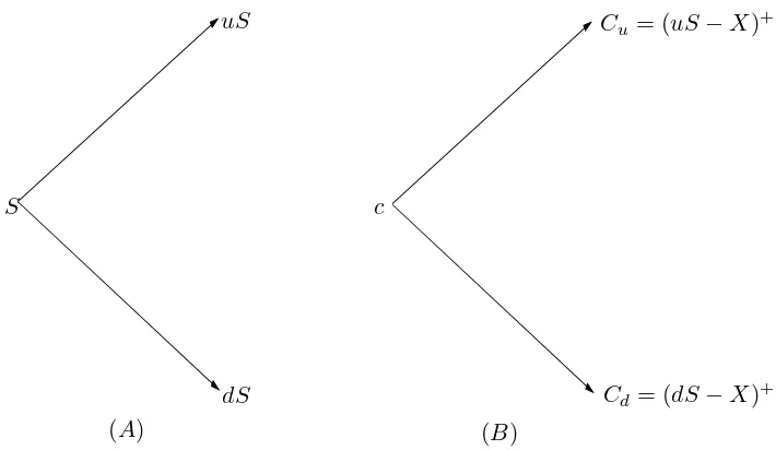 Figure 2.1: (A). One-period BOP model for stock price;(B). Value of one-period call in BOP model