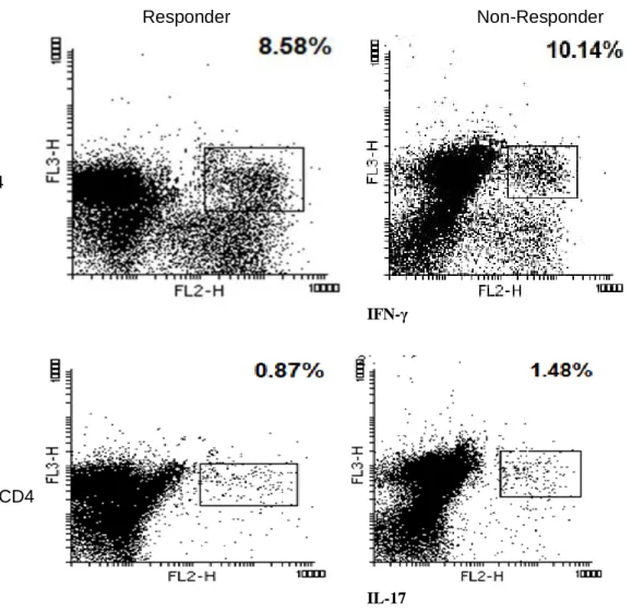 Figure 1. Flow cytometry analysis of the CD3+ CD4 + IFN-γ and CD3+ CD4 + IL-17 expressing cells in responsive and non- non-responsive  Relapsing-remitting  multiple  sclerosis  (RRMS)  patients  treated  with  IFN-β