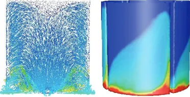 Fig. 2. The velocity field in the central plane (left) and the distribution of the particles volume fraction over the walls (right)