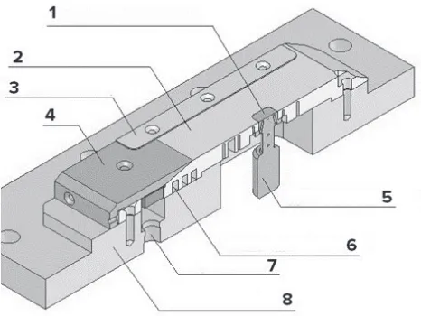 Fig. 1. substrate. channel height control; 4- knife; 5- copper rod; 6- thermostabilizer; 7- liquid inlet; 8- textollite  Design of the working section: 1- source of the local heating; 2- stainless steel plate; 3-  