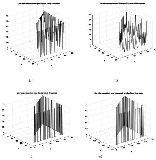 Figure 5 shows the pixel value cross-sections along line segments xi = [35 238 246 103]; yi = [253 250 17 148]: 