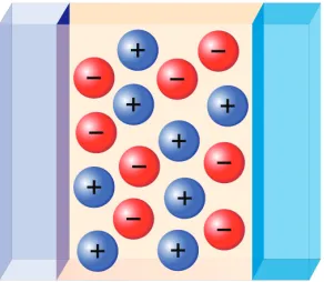 Fig. 1. Sketch of ions represented by blue and red spheres conﬁned by material surfaces.