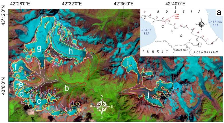 Figure 3. (a) Location of the Dolra River Basin and retreat of Kvishi (b); Dolra (h) and Ushba (i); (j) glaciers in 1911- 1960-2014