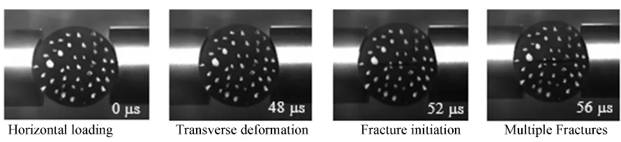 Figure 4. High-speed digital images of the specimen failure due to transverse tensile stress induced by high-strain rate di-ametric compressive loading (white spots on specimens are for performing 2D-DIC in image processing software for further analysis)