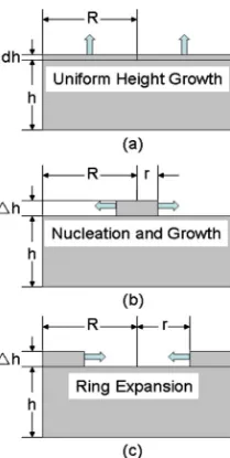 FIG. 2. �geometries for various models:land nucleation and growtharound the peripheryexpansionColor online� Schematic of the cross section of island �a� uniform height growth; �b� is- �on top of unstable islands�; �c� ring �after formation of a ring on top of unstable islands�.