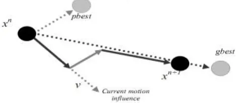 Figure  4. Depiction of position updates in particle swarm optimization for 2-D parameter space 