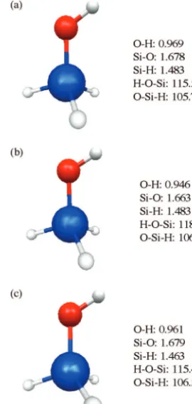 Figure 6.Structures of SiH3OH with (a) MP2/6-31(d), (b) HF/6-31(d), and (c) UFF. Bond lengths and angles are given adjacent toeach structure
