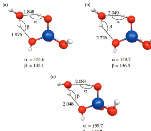 Figure 10. Structures of Si(OH)4 with 1 water: (a) MP2/6-31G(d),(b) HF for Si(OH)4 and EFP water, and (c) UFF for Si(OH)4 and EFPwater