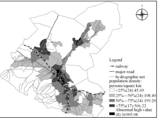 Figure 1. Distribution of population density in the Shiyang River Basin in 2010. 