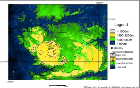 Figure 3. Hypsometric map with the four mean surface levels. 