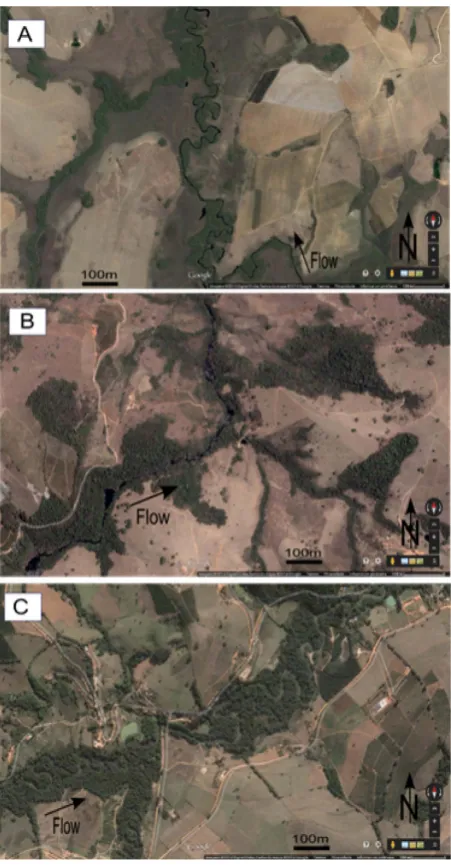 Figure 8. Morphology of Machado River in each segment (A) Upper course; (B) Medium course; (C) Lower course