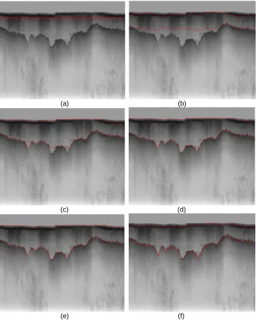 Figure 4: contour evolution throughout processing. a) Initial curve, (b)-(e) contour adaptation to bedrock  and ice layer after 200,400,600,800, correspondingly, (f) ground-truth image  