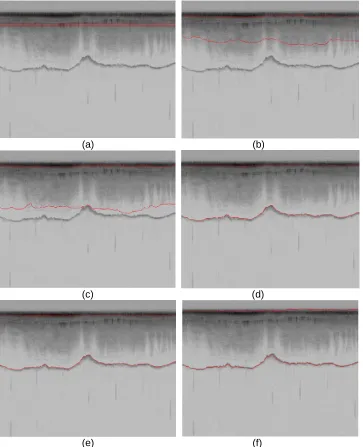 Figure 5: contour evolution throughout processing. a) Initial curve, (b)-(e) contour adaptation to bedrock                   (e)                                                         (f) and ice layer after 200,400,500,800, correspondingly, (f) ground-truth image  