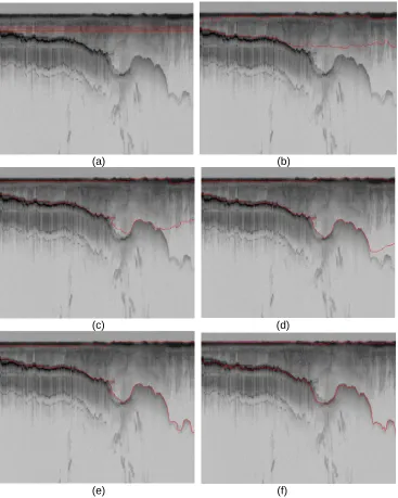 Figure 6: contour evolution throughout processing. a) Initial curve, (b)-(e) contour adaptation to bedrock  and ice layer after 200,400,600,800, correspondingly, (f) ground-truth image  