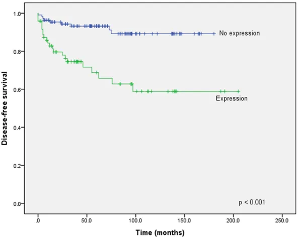 Figure 2. Survival curves of overall survival for p16 expression versus no p16 expression