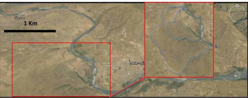 Figure 12. Google Earth image of the Lesser Zab River showing complex meandering. The blue line is the limits of the original meander of the river