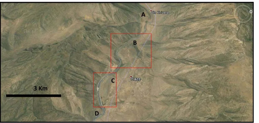 Figure 9. Google Earth image facing NE, of the Greater Zab River, with two captions. Note the original align- ment of the river ((A), (B), (C) and (D))