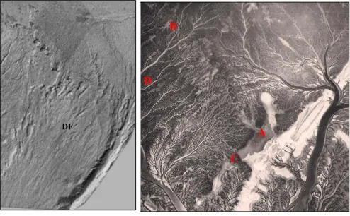 Figure 11. (Left) Hillshde image showing the highly weathered top surface of Dibdibba Fan (DF), note the trace of the extension of the active depression of Abu Jir-Euphrates Fault Zone, below the sediments of the fan; (Right) Aerial photograph shows the ti