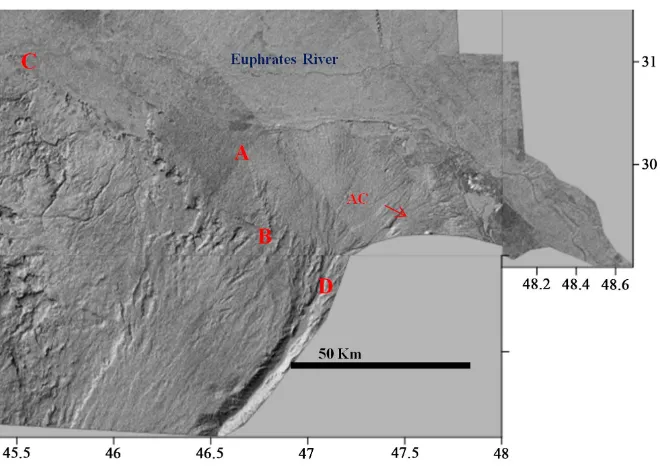 Figure 3. Shaded relief image derived from DEMs of SRTM of the studied area. Note the NNW-SSE lineament (A - B), C - D is the southern limit of the depression, which represents the Abu Jir-Euphrates Fault Zone, AC is an ancient distributary course of the E