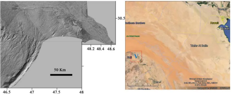 Figure 4. (Left) DEM in hillshaded mode image of Al-Bat in Alluvial Fan, note the width and depth of Al- Bat in valley; (Right) Google Earth image, note the length of the valley in Saudi Arabia, V = Starting point of the valley, its course is visible north
