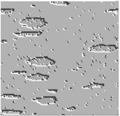 FIG. 7. Simulation image �formation of etch pitscolored regions areﬂow across100�100 nm2� showing alternating �indicated by arrows� on TA terraces and step TB terraces at 550 °C and PO2=8�10−7 Torr