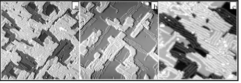 FIG. 7. STM images of the Al ﬁlm deposited on Ag�100�100 nm100�. �a��100 nm2,0.8 ML, �b� 80�80 nm2,0.4 ML, �c� 1002, 0.4 ML.