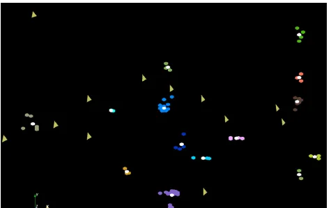 Figure 2. A tiny fragment of clustered space for a full DAVS(1) run. The orange triangles are sponge peaks outside any cluster