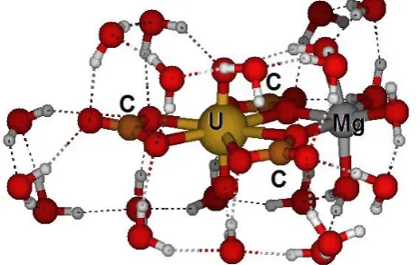 Fig. 30. structure (within def-SVP atomic basis set), associated with  Top view on optimized CaUO2(CO3)32- · 22H2O gs= 797 cm-1, R = 181 pm and Te = 21256 cm-1