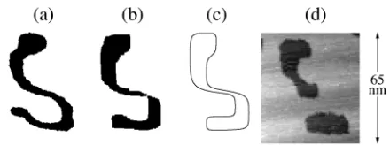 FIG. 4.(a) Initial conﬁguration of a vacancy cluster onAg(100); (b) Result of a Kinetic Monte Carlo simulationshowing a pinch-off; (c) The prediction of the correspondingcontinuum model; (d) STM measurement after 38 min from (a).