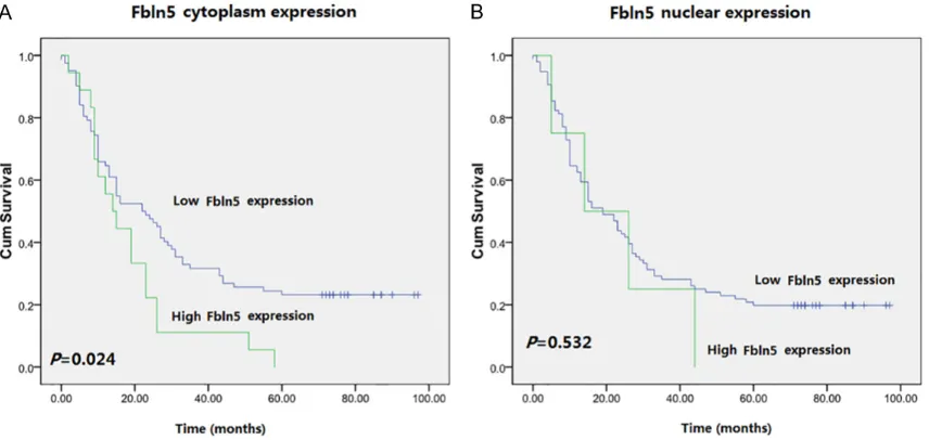 Figure 1. Representative immunohistochemistry of Fibulin-5: Fibulin-5 was expressed in both the cytoplasm and sion in esophageal cancer tissues (A) were both significantly higher than that observed in para-carcinoma tissues nucleus of esophageal cancer tis