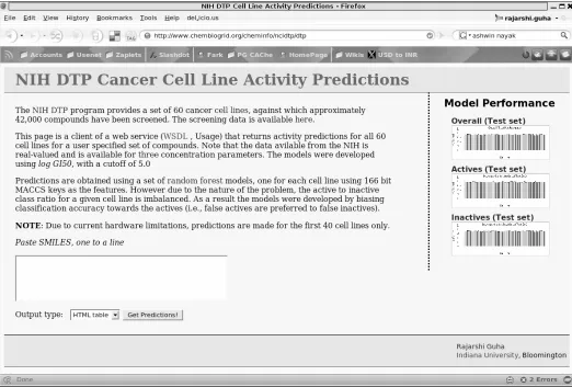 Figure 2. A screen shot of a web page client that provides access to a set of models that predict the anti-cancer activity of a compound, given its SMILES, against the 60 cancer cell lines hosted by the NIH NCI Developmental Therapeutics Program