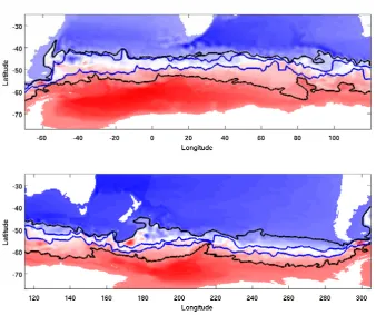 Fig. 2. Time mean barotropic streamfunction (color). The black contours (7 Sv and 117 Sv) represent the limits of the ACC belt (circulationthat ﬂows through Drake Passage)