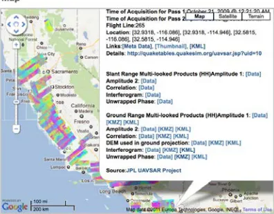 Figure 1. QuakeTables database showing UAVSAR map browser and links to data products. 