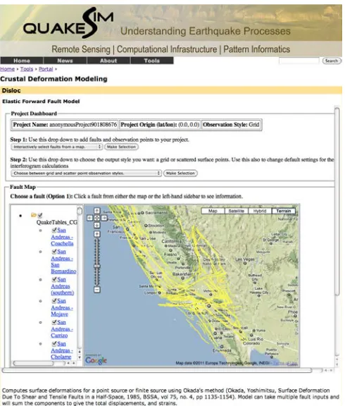 Figure 2. QuakeSim portal showing anonymous disloc version with fault map browser. 