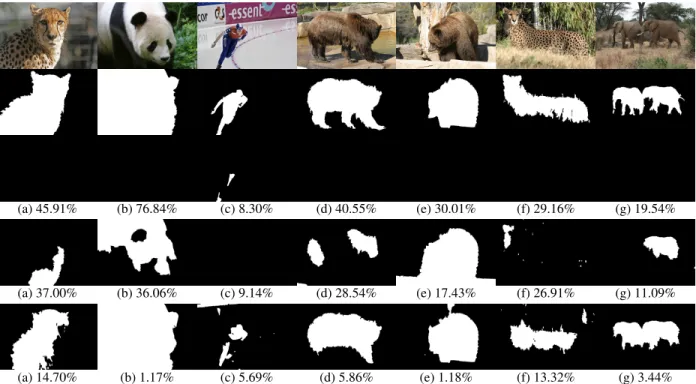 Figure 3.2: In each column: first row shows input images; second shows ground-truth; third shows segmentation produced by the single SSVM baseline; and the last two rows show the best MCL predictions (M =6) at the end of the first and last coordinate desce