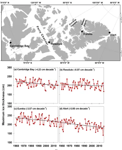 Figure 8. Time series and trend of observed maximum ice thickness at (a) Cambridge Bay, (b) Resolute, (c) Eureka, and (d) Alert locationsin the Canadian Arctic.