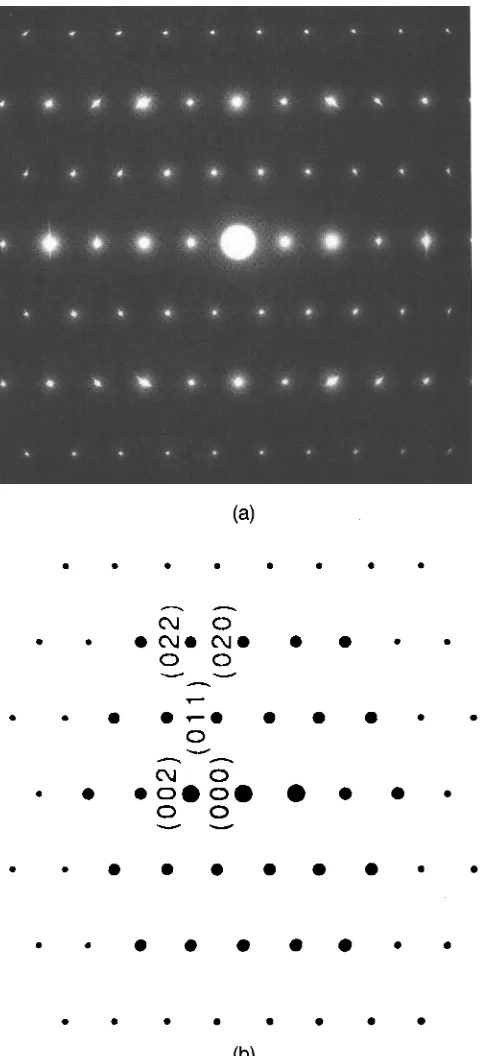FIG. 1. (a) Selected area diffraction pattern for the [100] and (b) thecomputer-generated pattern for Fe1.g9Mo4.nO7.