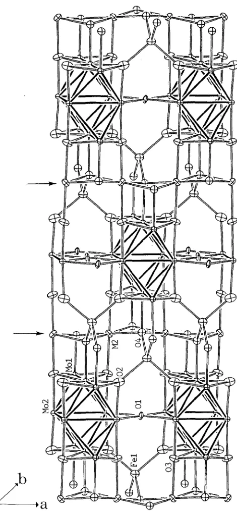 FIG. 7. The unit cell, as viewed parallel to the b* axis, ofFei 89MO4.11O7. Dark bonds denote metal-metal bonding and openlines denote metal-oxygen bonding