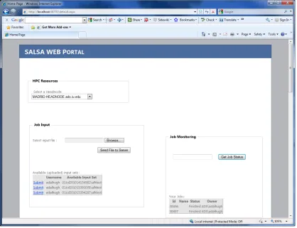 Figure 5.  A simple web client that utilizes SALSA Portal web services to provide HPC resource discovery, file transfer, and computational job control functionalities to end users