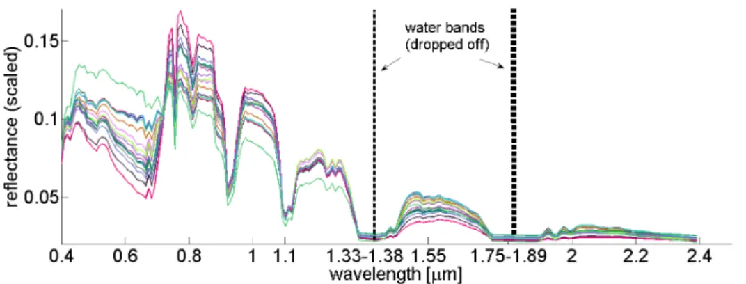 Figure 1.9 : Indian Pine data set: mean spectra of the 16 ground cover classes (class assignment see Table 1.2)