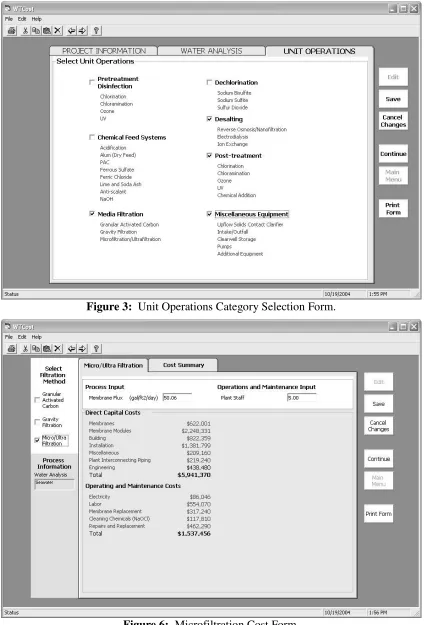 Figure 6:  Microfiltration Cost Form. 